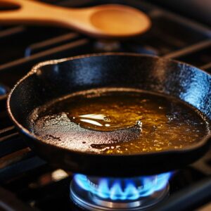 Cast iron skillet on a gas stove over high heat with a thin layer of olive oil shimmering and starting to sizzle, ready for searing steak bites.