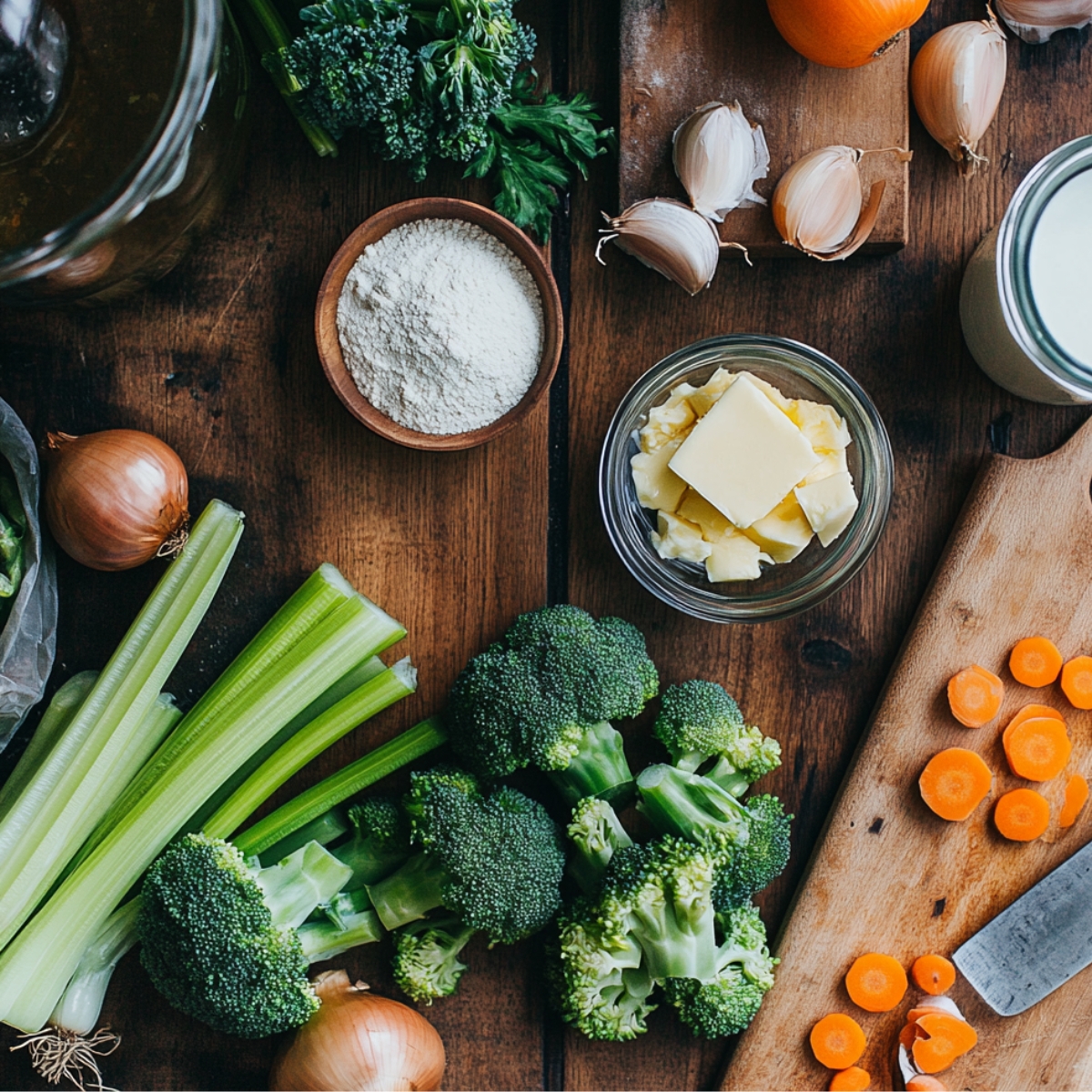 Fresh ingredients for homemade broccoli cheddar soup on a rustic wooden counter, including broccoli, carrots, celery, onions, garlic, flour, butter, and milk.