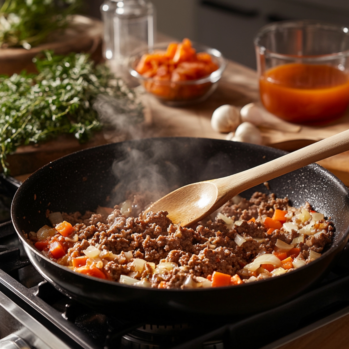 Ground meat, onions, and carrots are being sautéed in a black skillet on a stovetop, with steam rising and a wooden spoon stirring—ingredients for homemade shepherd’s pie in progress.