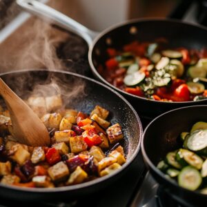 Vegetables cooking separately in three skillets for homemade ratatouille: golden-brown eggplant cubes, sautéed zucchini slices, and a tomato mixture with herbs and bell peppers, all steaming on a stovetop.