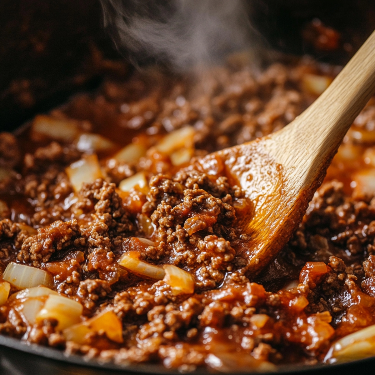 Ground beef browning with diced onions in tomato paste, stirred with a wooden spoon, steam rising in a skillet.