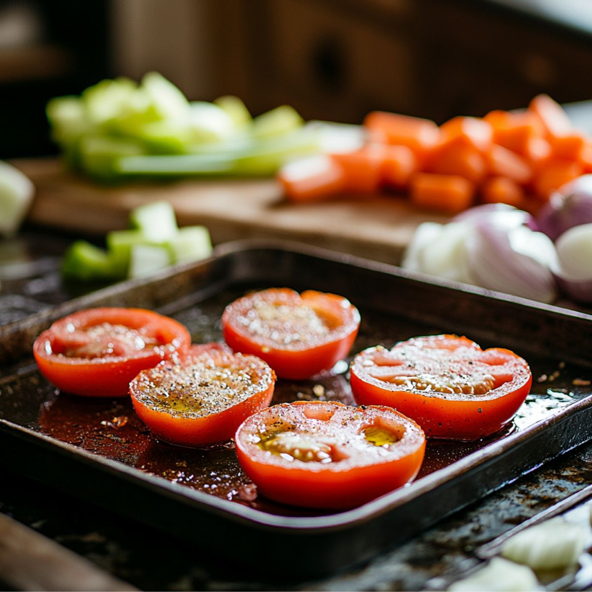 Halved tomatoes on a roasting tray with olive oil and pepper, with chopped veggies blurred in the background.