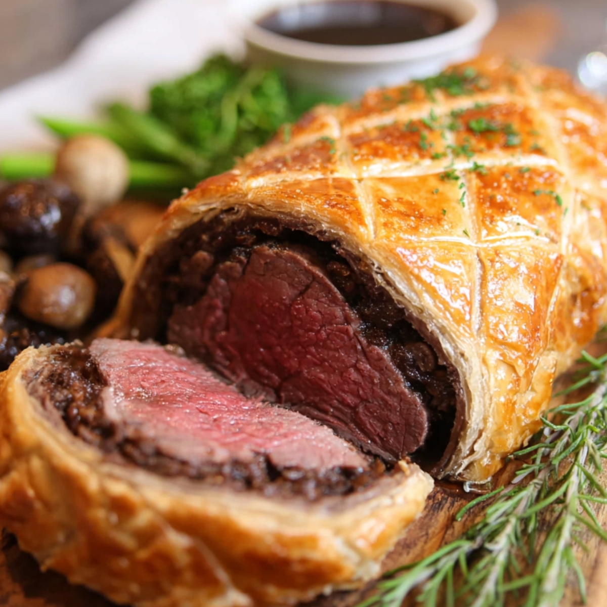 Homemade beef Wellington sliced to reveal a pink, medium-rare center wrapped in mushroom duxelles and golden, flaky puff pastry, served on a wooden board with fresh herbs and a side of gravy.