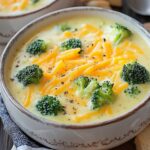 Homemade broccoli cheddar soup in a rustic bowl, topped with melted cheddar, bright green broccoli florets, and black pepper, served with bread on a cozy table setting.