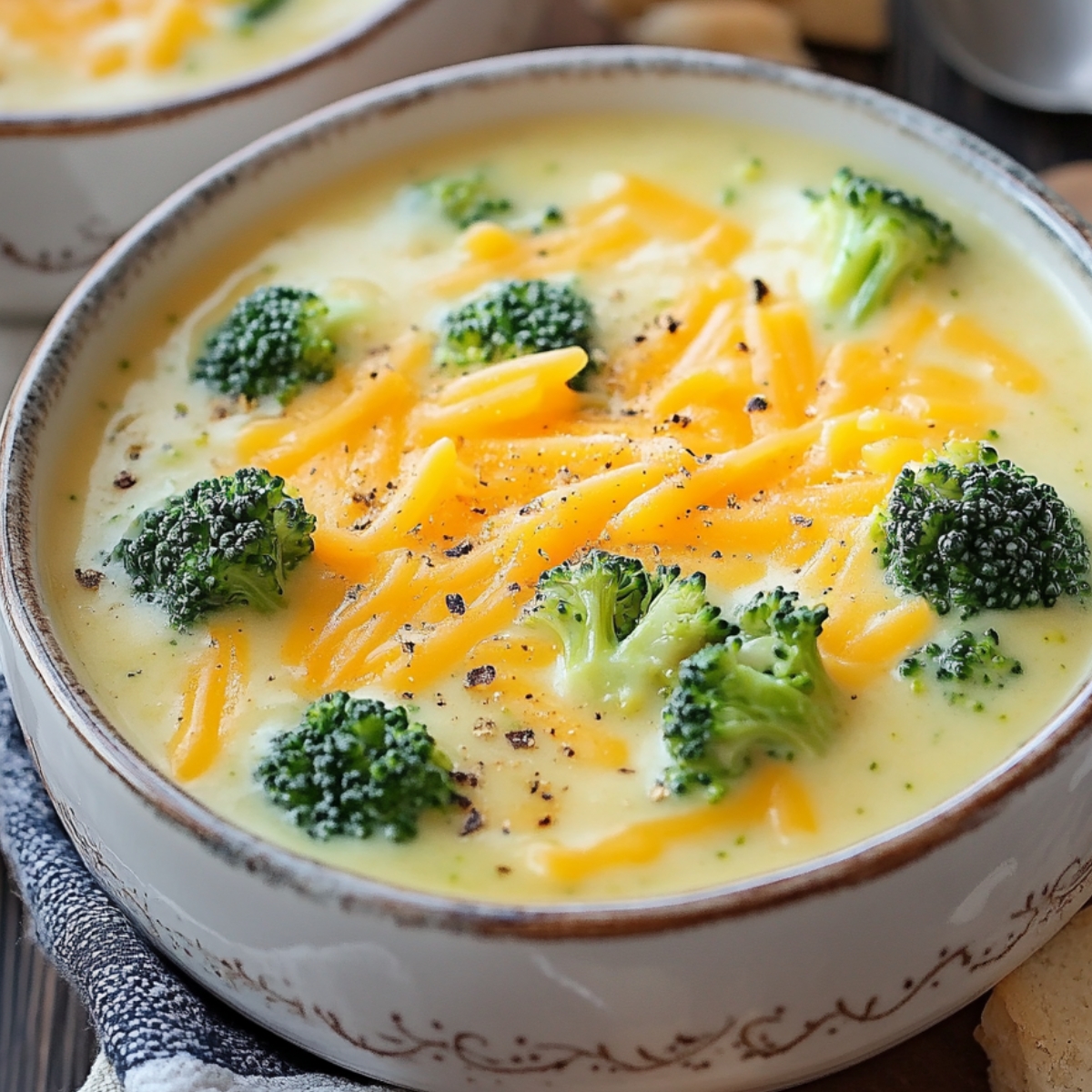 Homemade broccoli cheddar soup in a rustic bowl, topped with melted cheddar, bright green broccoli florets, and black pepper, served with bread on a cozy table setting.