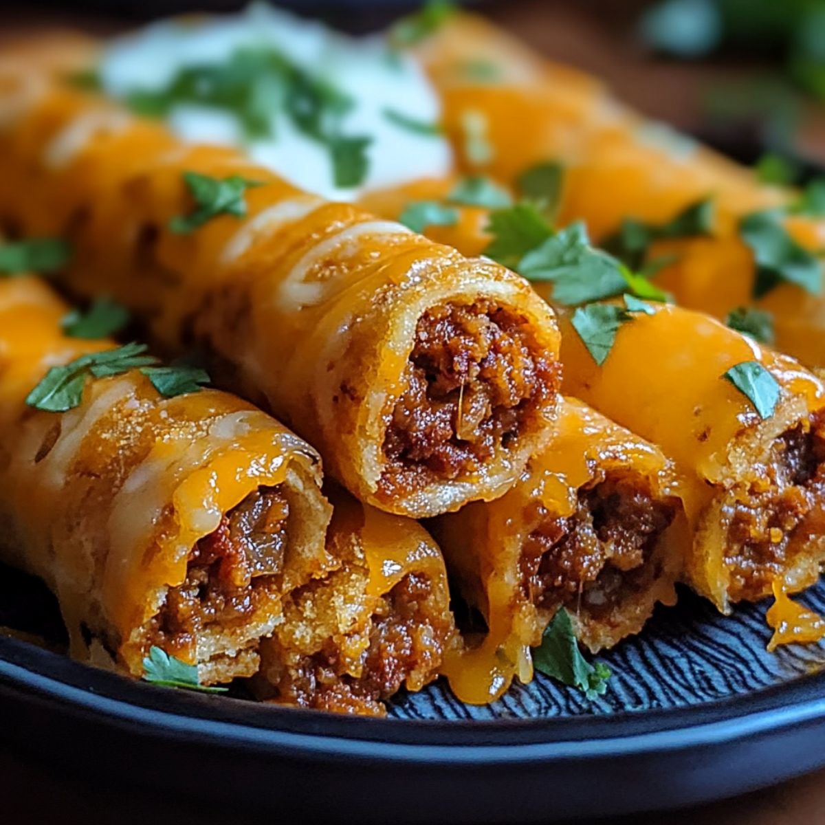 Close-up of crispy homemade cheesy taco sticks filled with seasoned beef, topped with melted cheddar and fresh cilantro, served on a black plate with sour cream in the background.