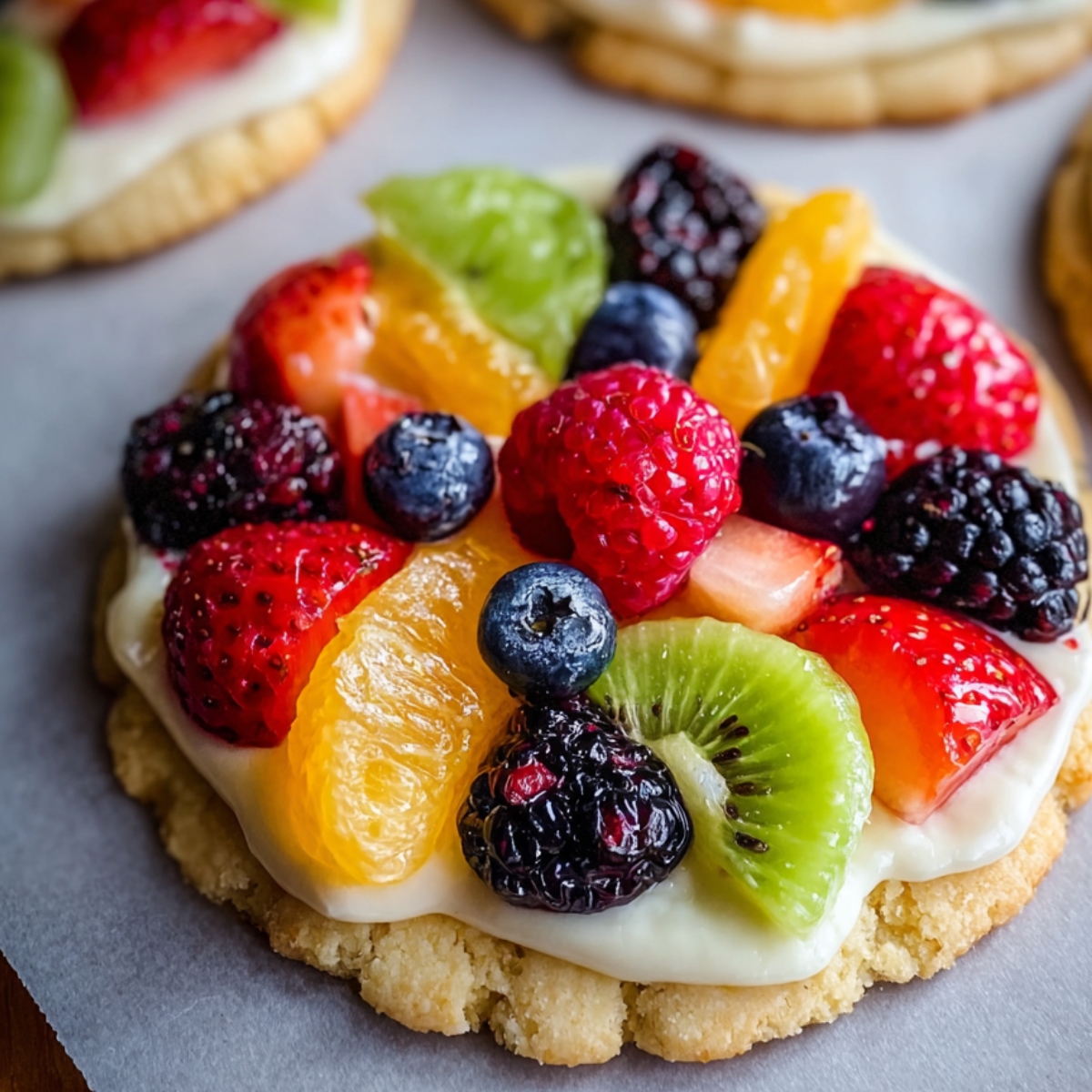 Homemade fruit pizza sugar cookie topped with creamy frosting and fresh berries, kiwi, and orange slices on parchment paper.