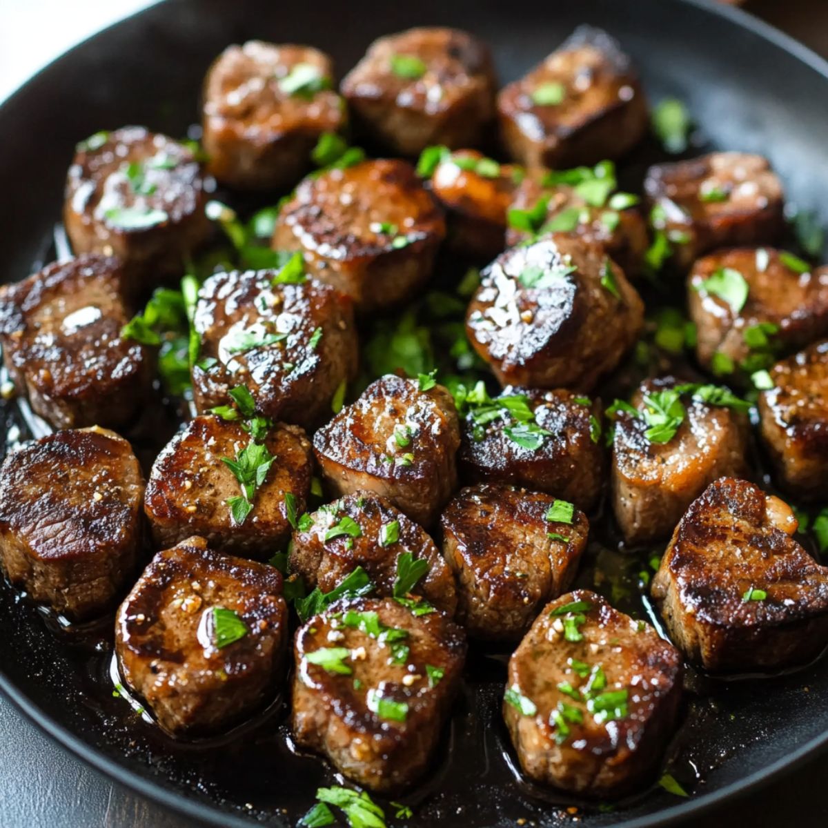 Juicy garlic butter steak bites seared in a cast iron skillet, topped with fresh parsley and glistening with rich garlic butter.