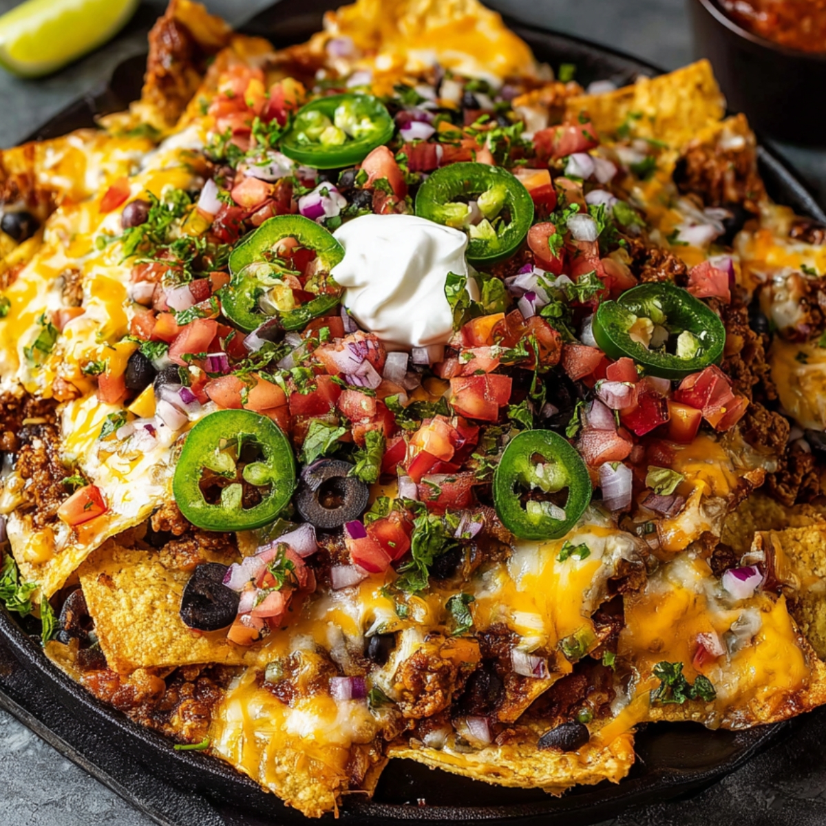 Homemade Nachos Recipe in a cast iron skillet, loaded with melted cheese, seasoned beef, black beans, fresh pico de gallo, jalapeños, olives, and a dollop of sour cream, with lime and salsa on the side.