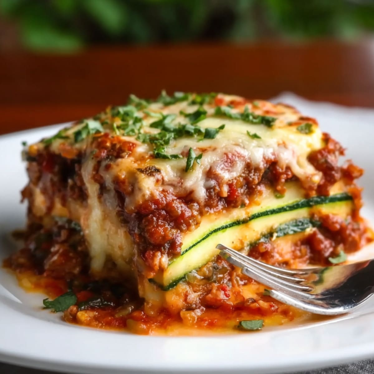 A slice of homemade zucchini lasagna with melted cheese, meat sauce, and zucchini layers on a white plate, garnished with parsley and served with a fork.