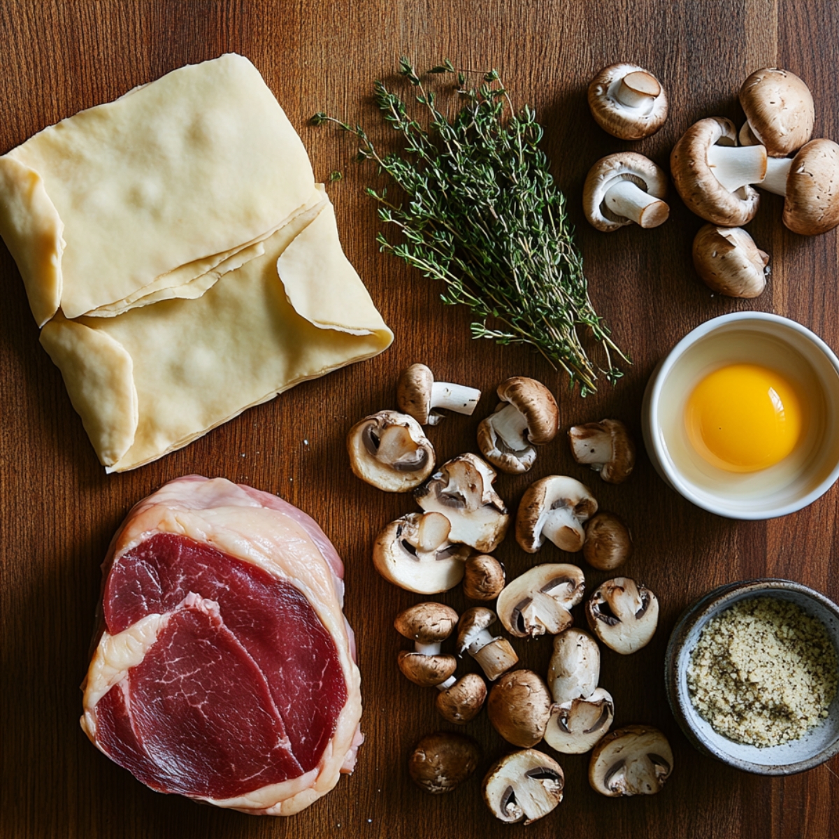 Top-down view of beef Wellington ingredients on wood: raw beef tenderloin, folded puff pastry, cremini mushrooms, thyme sprigs, egg yolk in a bowl, and a small dish of salt and pepper. Natural, homemade feel.