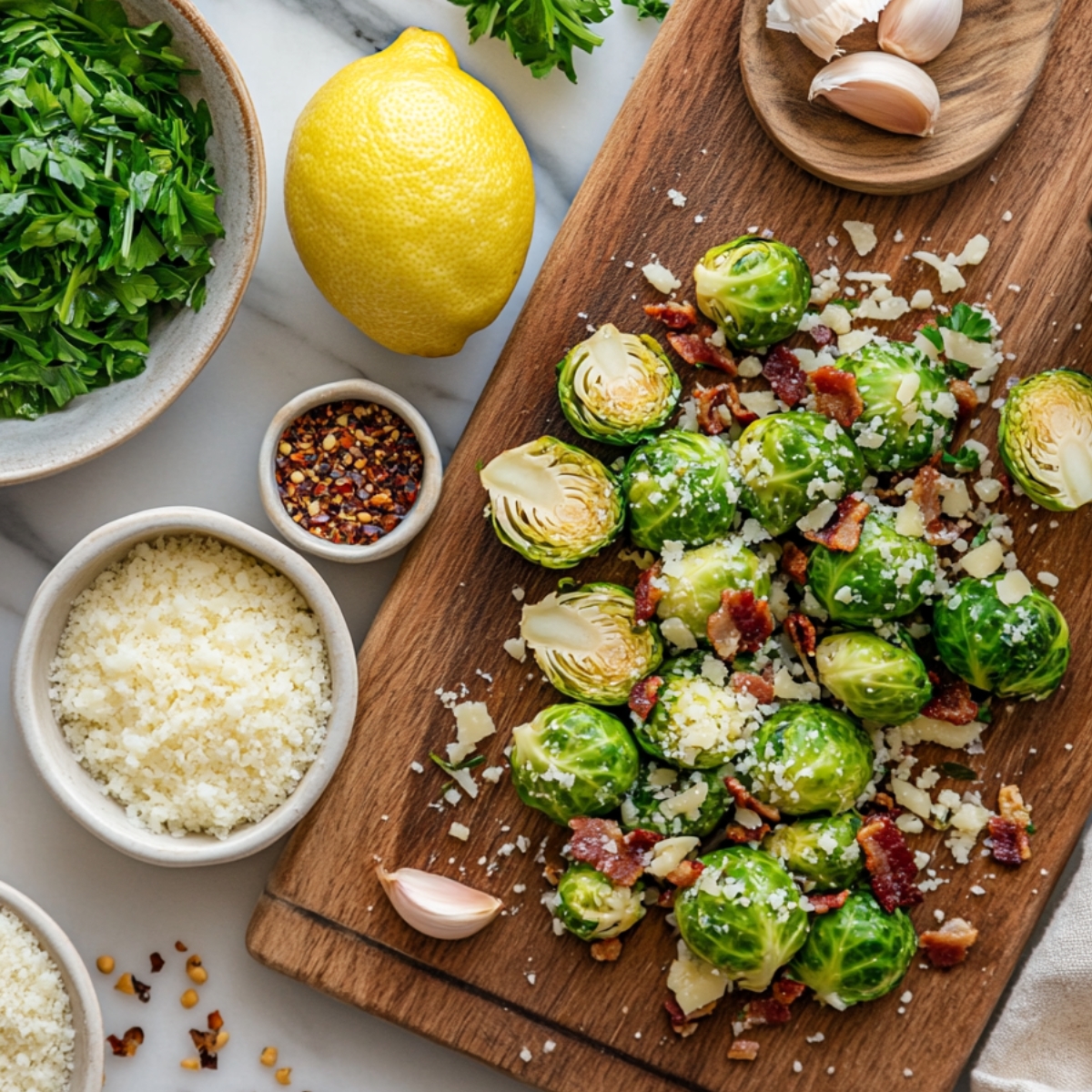 Brussels sprouts with bacon and Parmesan on a wooden board, surrounded by garlic, lemon, parsley, red pepper flakes, and shredded cheese in a bright kitchen setting.