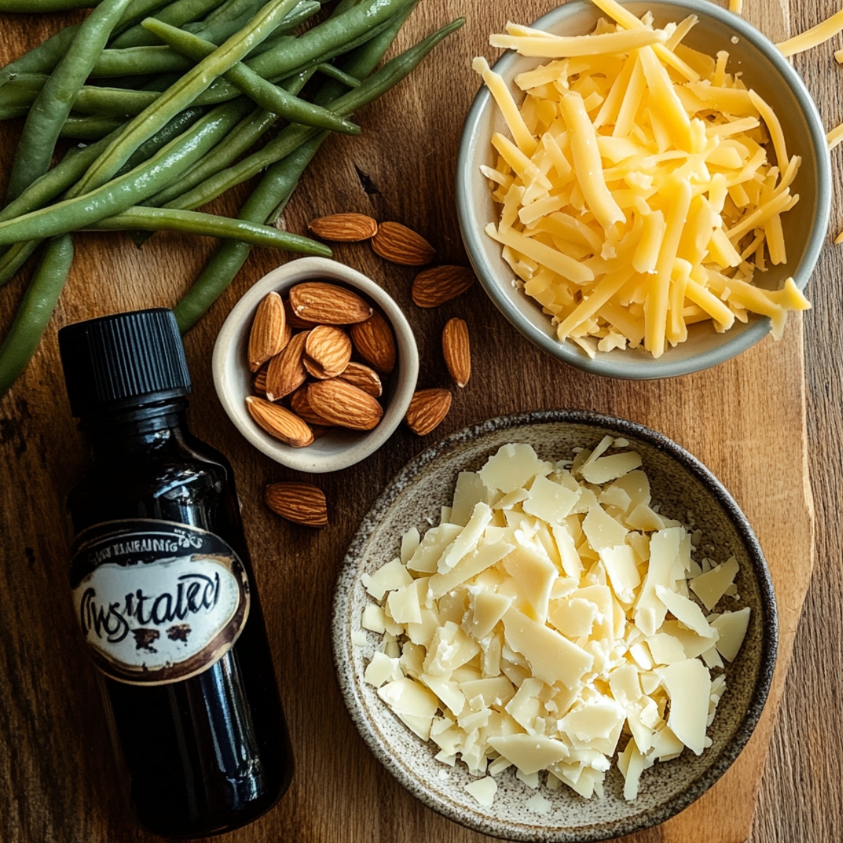 Optional green bean casserole ingredients on a wooden board, including fresh green beans, shredded cheddar, sliced almonds, Parmesan, and Worcestershire sauce.