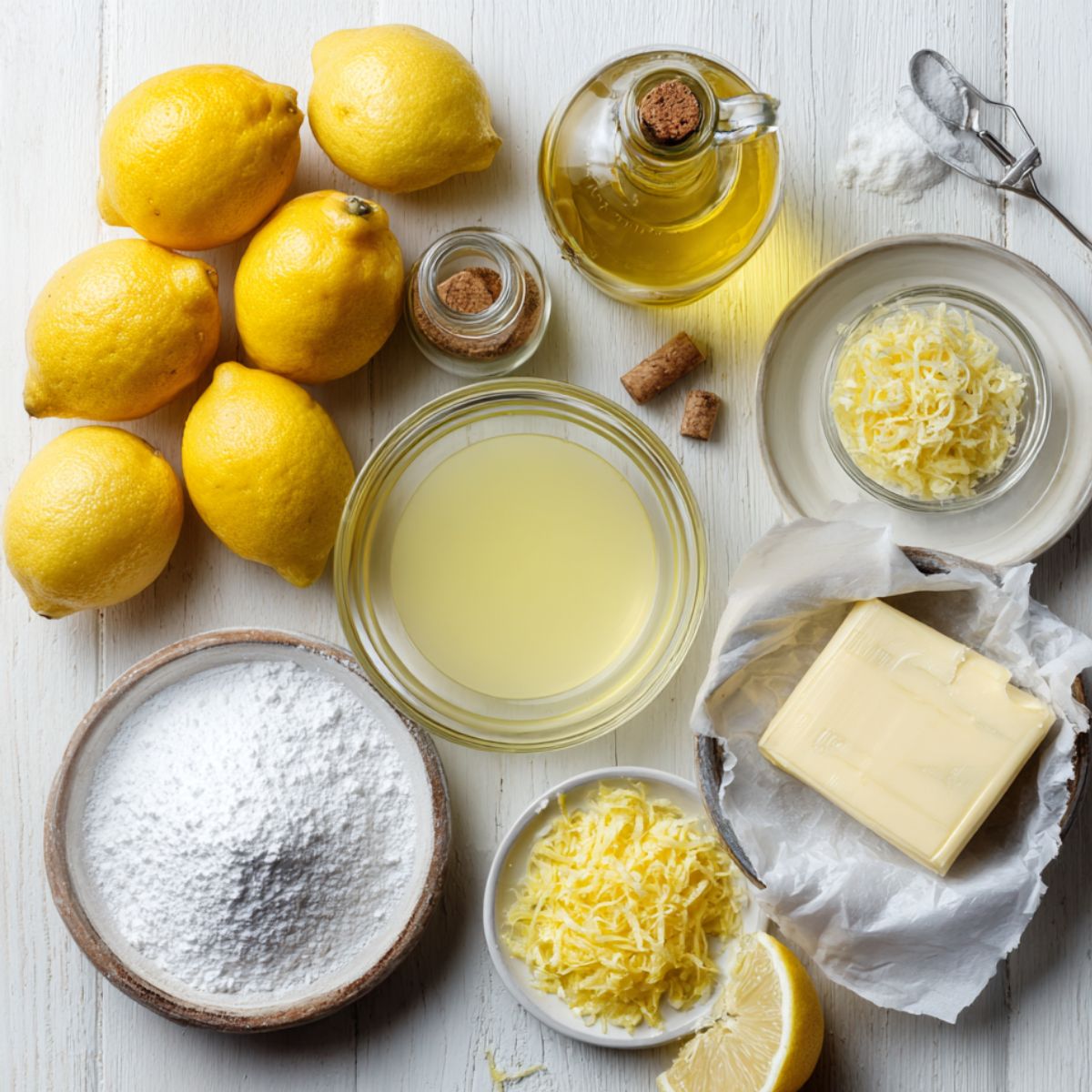 Lemon glaze ingredients on a white wooden surface, including fresh lemons, lemon juice, lemon zest, powdered sugar, butter, and lemon extract.