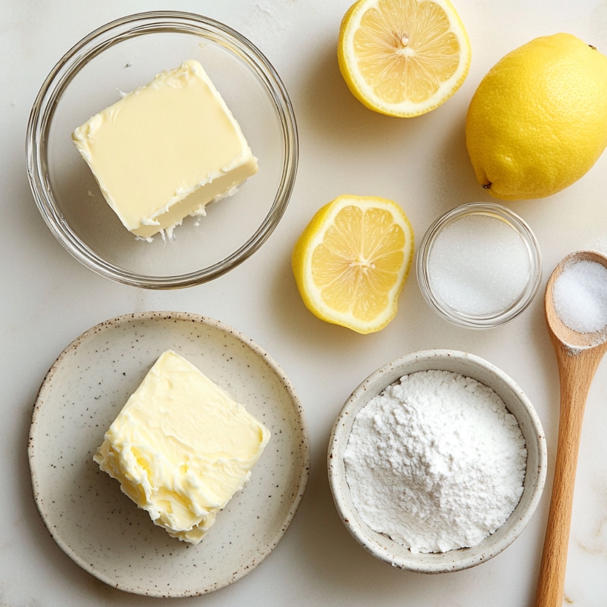 Lemon buttercream frosting ingredients laid out on a light kitchen counter, including softened butter, powdered sugar, halved lemons, granulated sugar, and a pinch of salt.