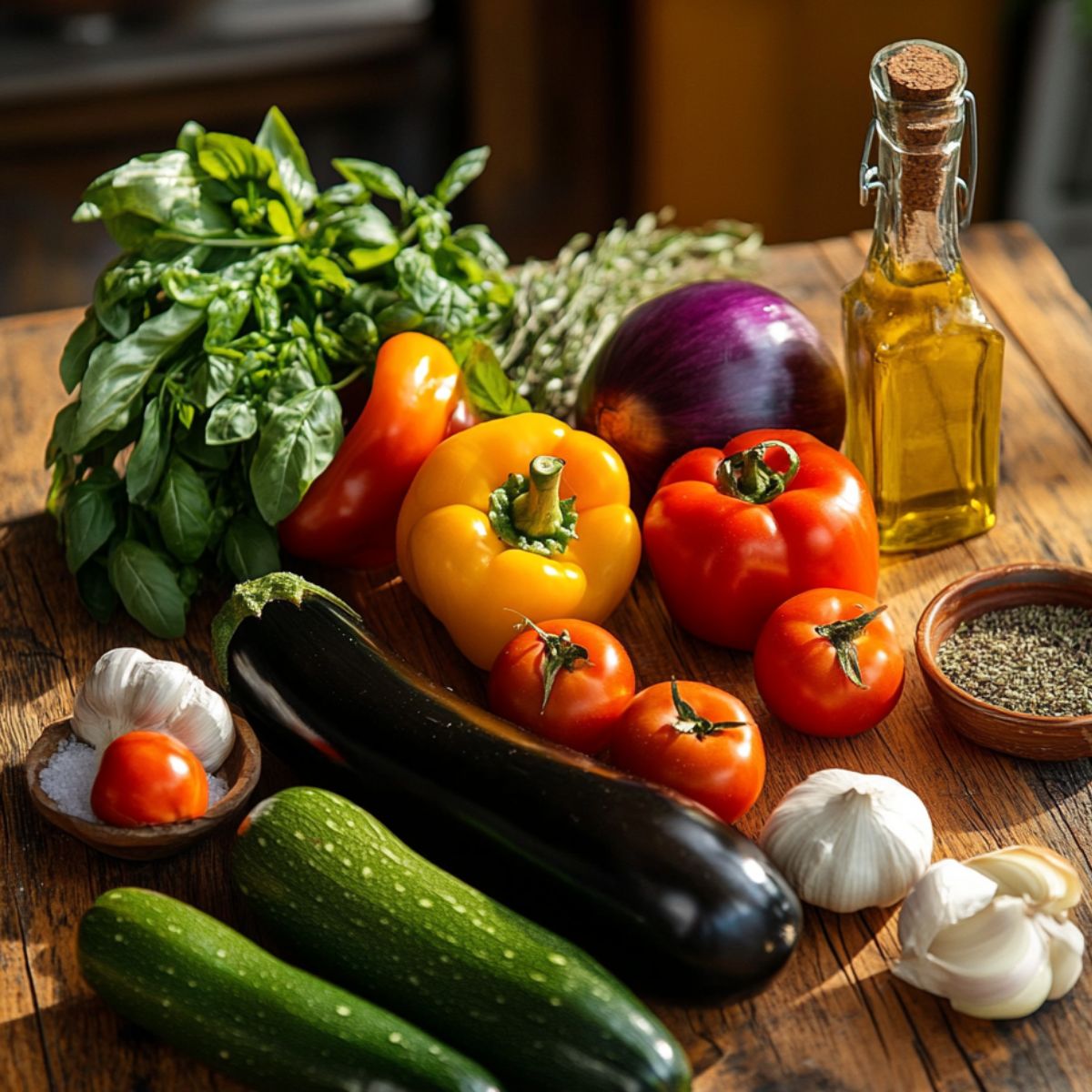 Fresh vegetables and herbs for homemade ratatouille on a wooden table, including zucchini, eggplant, tomatoes, bell peppers, onion, garlic, basil, thyme, olive oil, salt, and dried herbs.