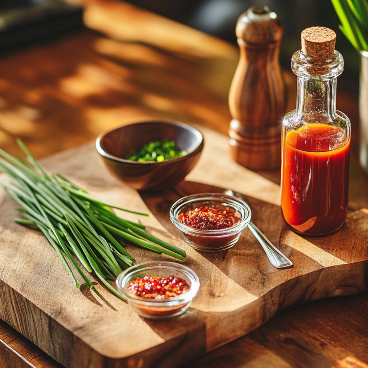Fresh chives, hot sauce, chopped herbs, and seasoning on a wooden cutting board in natural kitchen light.