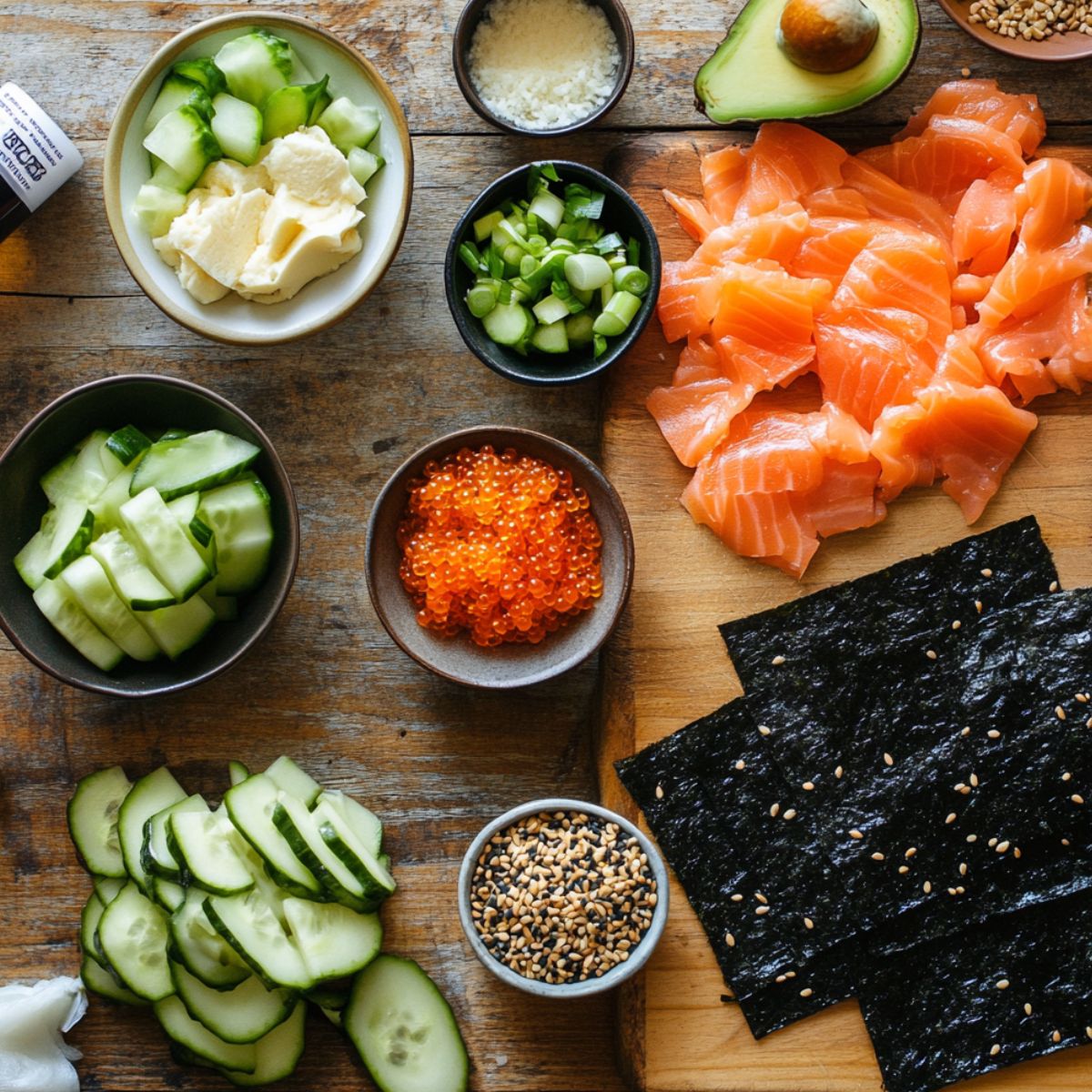 Homemade sushi bake toppings arranged on a rustic wooden table, including chopped salmon, nori sheets, avocado, cucumber, green onions, masago, sesame seeds, cream cheese, and shredded cheese in small bowls and plates.