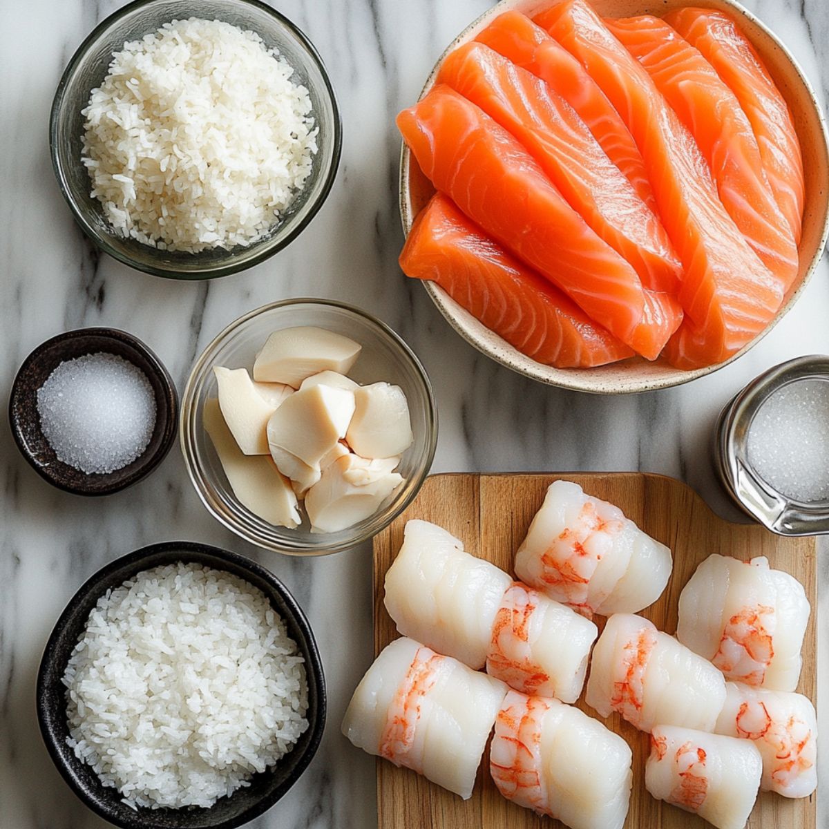 A homemade sushi bake ingredient spread on a marble counter, including fresh salmon slices, sushi rice, scallops, shrimp rolls, sugar, and salt, all neatly arranged in bowls and on a wooden board.