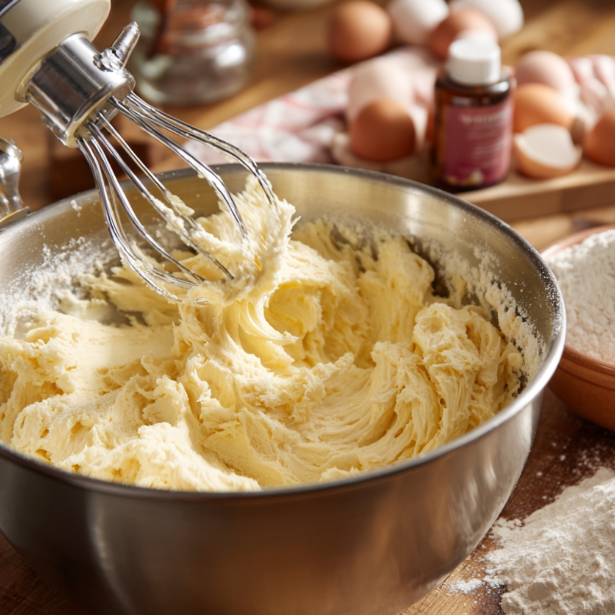 Creamy sugar cookie dough being mixed in a metal bowl with a whisk attachment, surrounded by flour, eggs, and vanilla in a cozy kitchen setting.