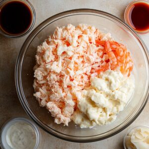 Homemade sushi bake filling in a glass bowl with shredded imitation crab, cooked shrimp, mayo, and cream cheese, surrounded by small bowls of soy sauce, sriracha, sesame oil, and pickled ginger on a beige countertop.