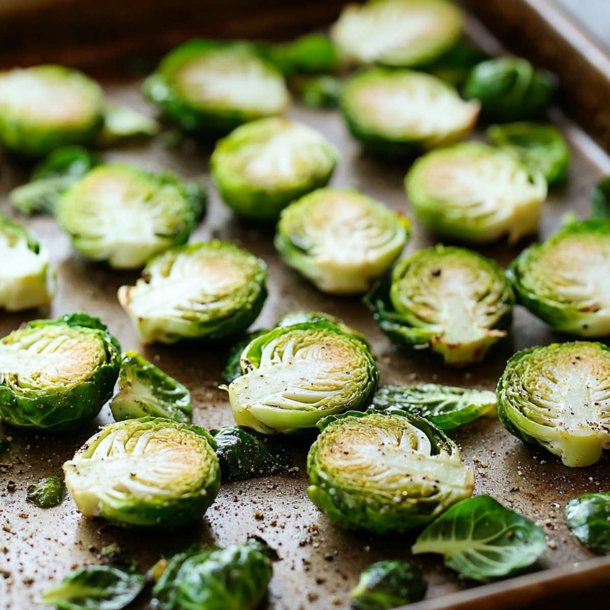 Halved Brussels sprouts arranged cut-side down on a baking sheet, lightly oiled and seasoned, with loose leaves scattered and space between each piece for even roasting.