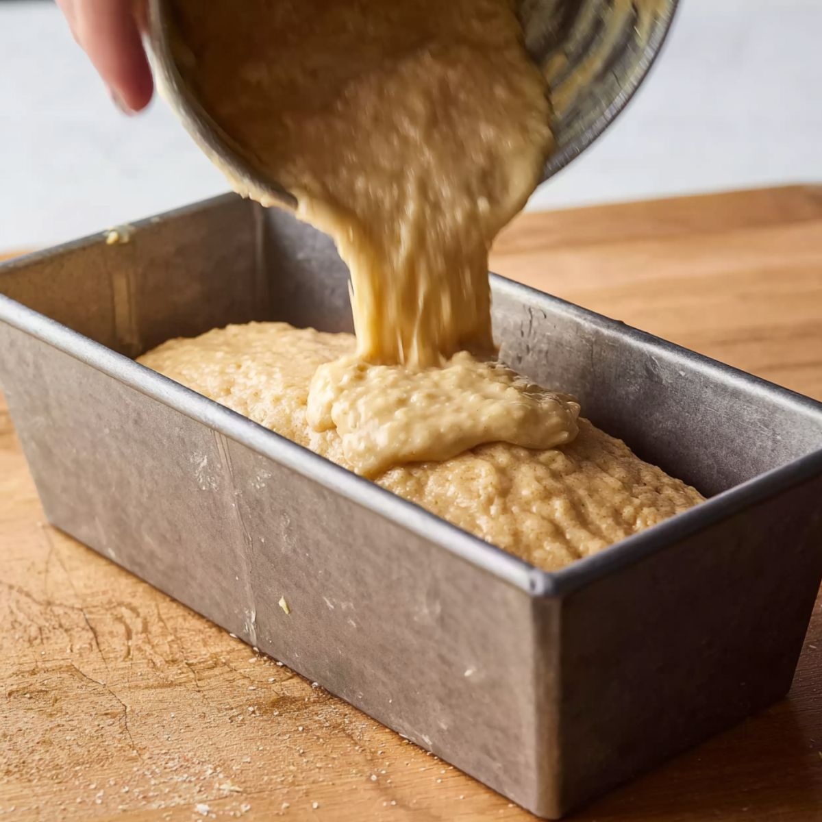 Banana bread batter being poured into a metal loaf pan on a wooden surface, ready for baking.
