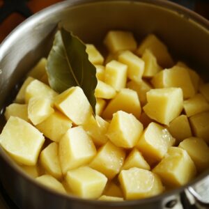 Close-up of cubed potatoes cooking in a stainless steel pot with a bay leaf on top. The potatoes are golden and slightly shiny, indicating they’re being sautéed.