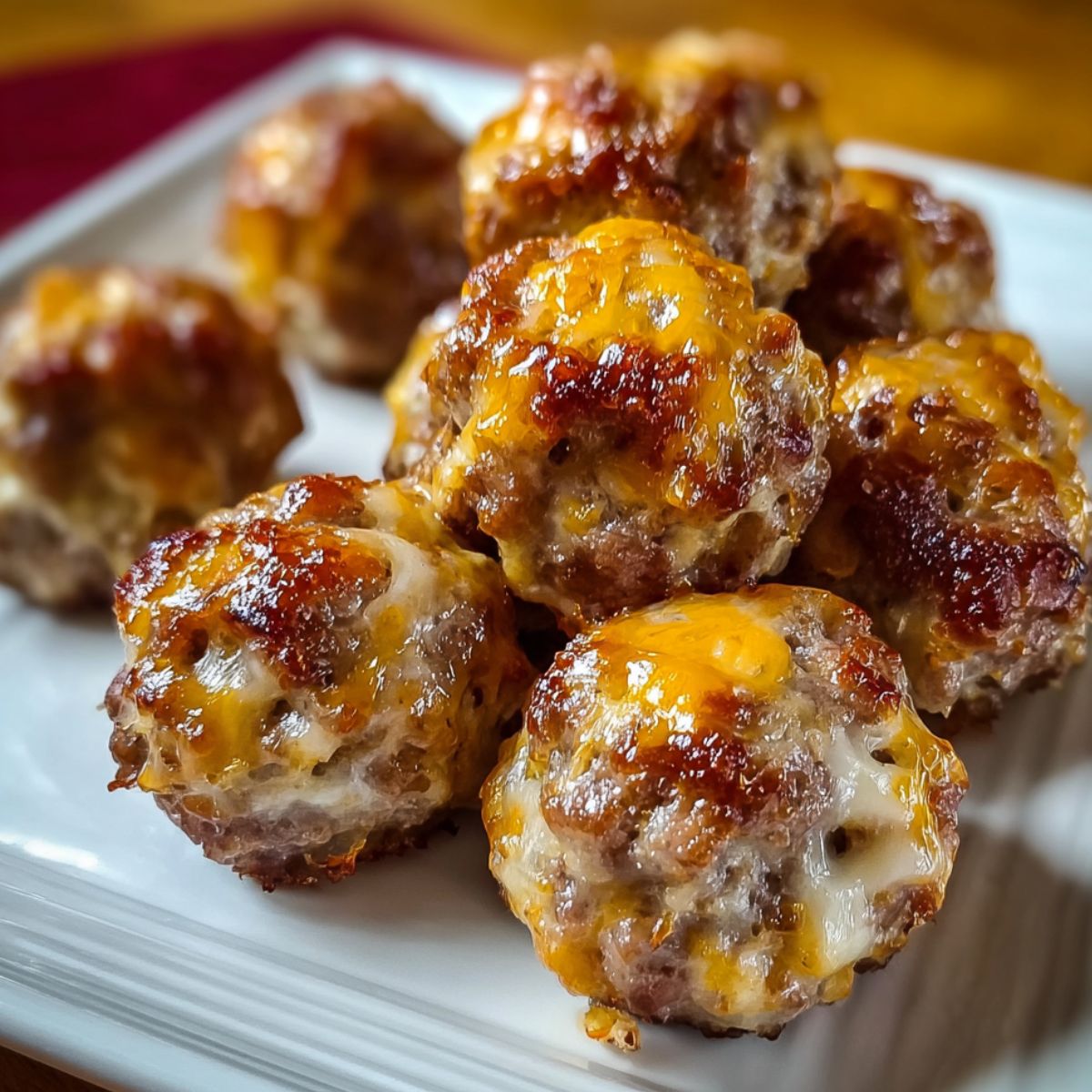 Golden-brown homemade sausage balls with melted cheddar on a white plate, crisp edges and cheesy tops.