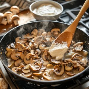 Sliced mushrooms and onions sautéing in a skillet with sour cream being stirred in, part of a homemade green bean casserole preparation.