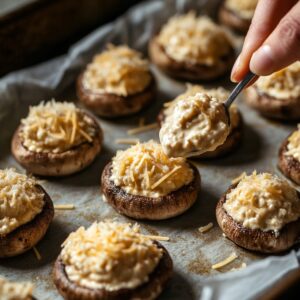 Hand spooning creamy cheese filling into mushroom caps arranged on a parchment-lined baking sheet, each topped with shredded cheese, ready to bake.