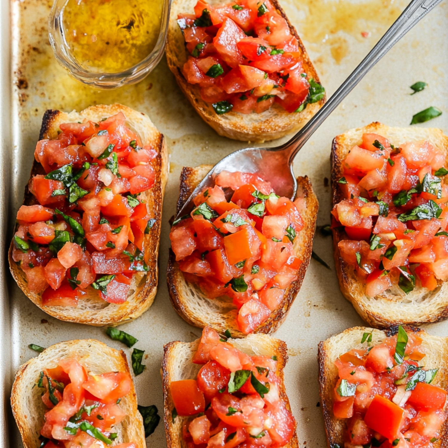 Toasted bread slices topped with fresh tomato, basil, and garlic mixture, with a spoon mid-assembly on a baking sheet.