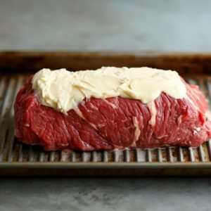 A raw beef tenderloin on a metal baking rack, topped with a thick layer of softened butter, ready for roasting or searing in the early stages of preparing homemade beef Wellington.