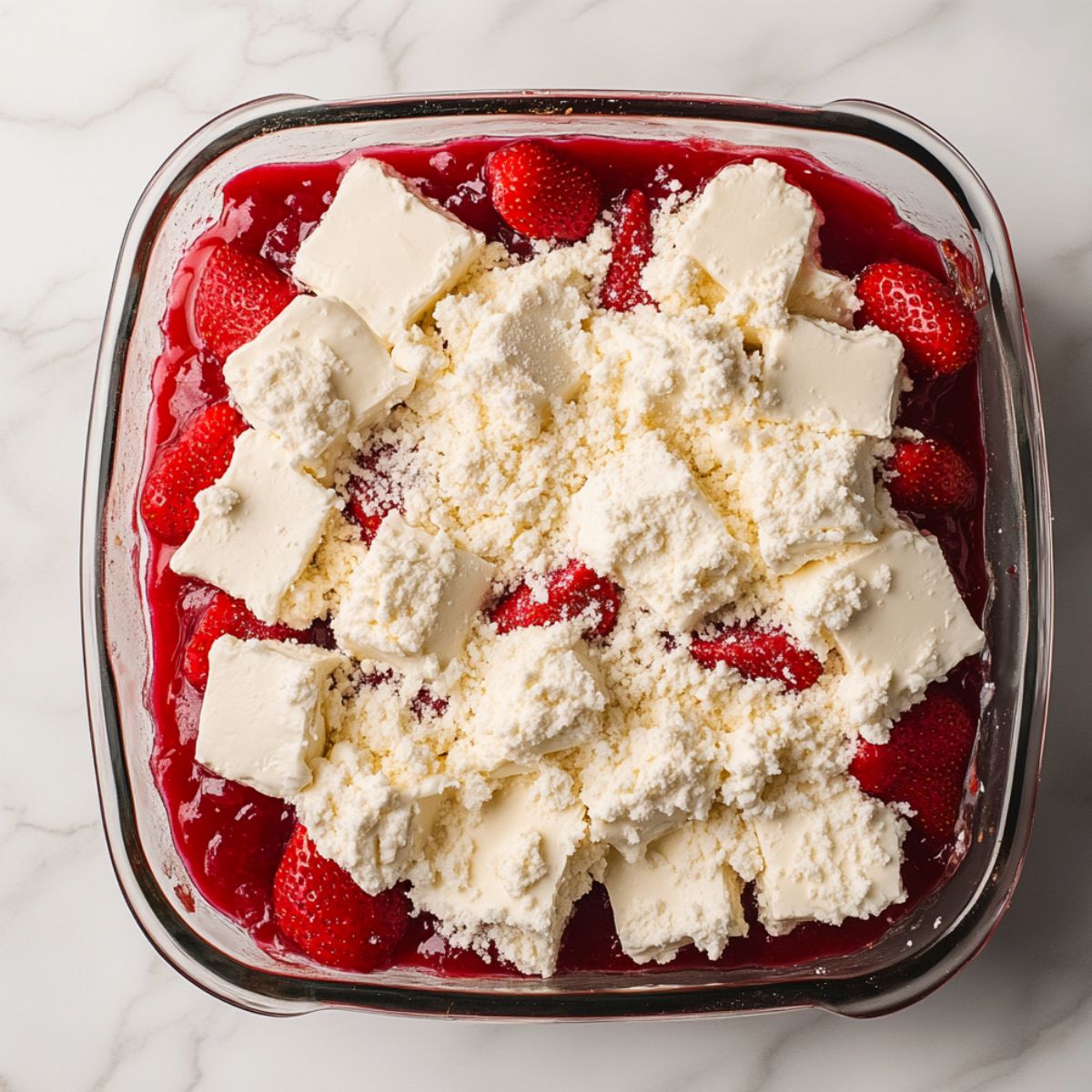 Unbaked strawberry cheesecake dump cake in a glass dish with fresh strawberries, cream cheese slices, and dry cake mix sprinkled on top, shown on a marble surface.