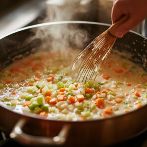 Whisking flour into sautéed carrots, celery, and onions in a steaming pot to form the roux for homemade broccoli cheddar soup.