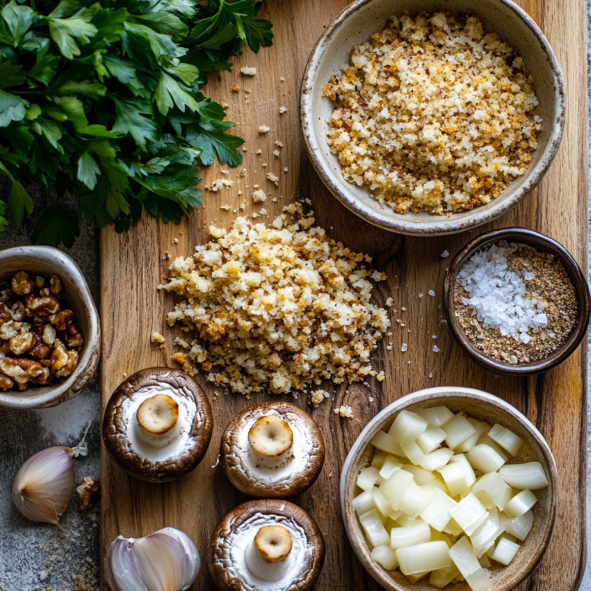 Stuffed mushroom ingredients on a wooden board: mushroom caps, breadcrumbs, diced onion, garlic, parsley, walnuts, salt, and pepper.