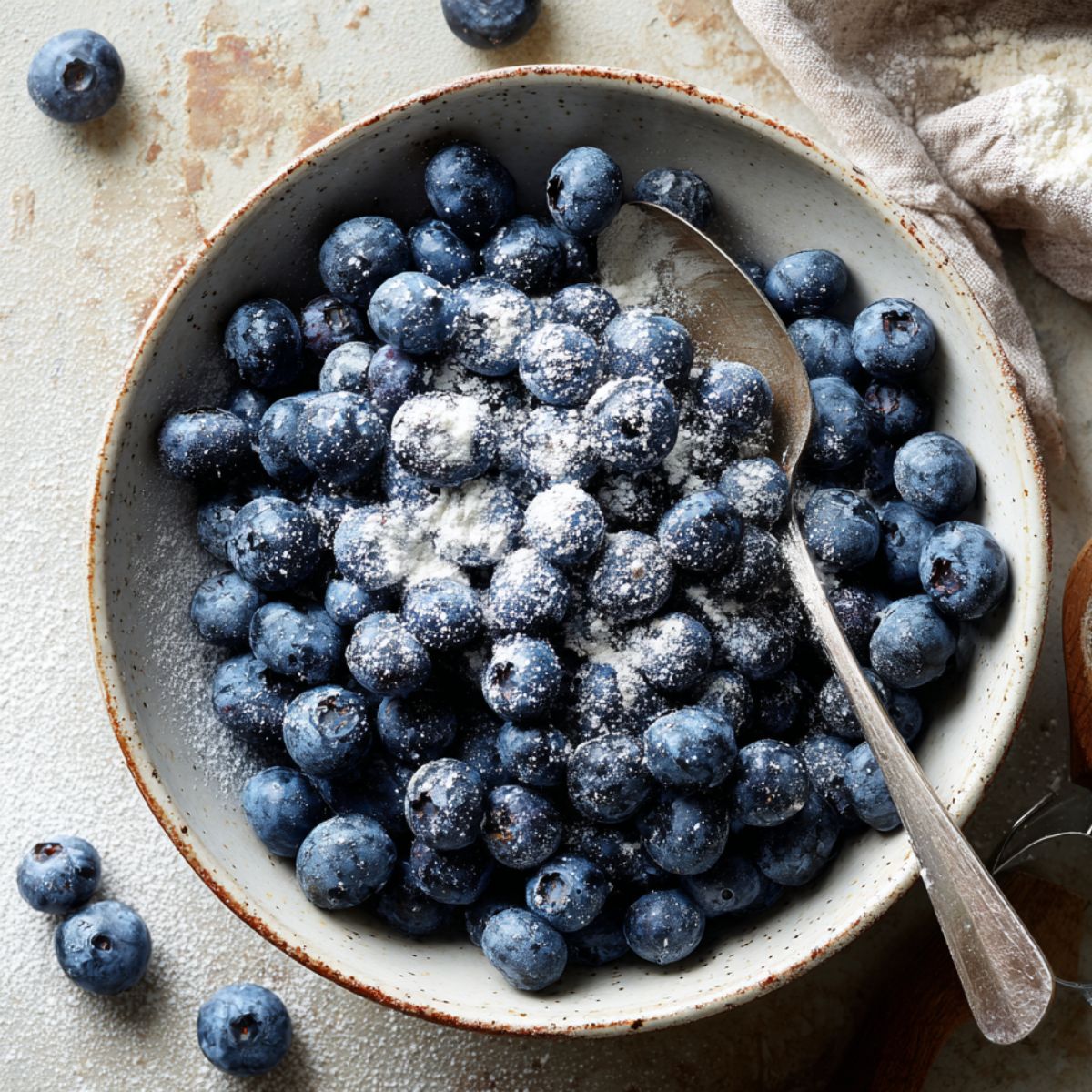 Fresh blueberries in a ceramic bowl lightly coated with flour, with a spoon resting inside and a few berries scattered on a rustic countertop.