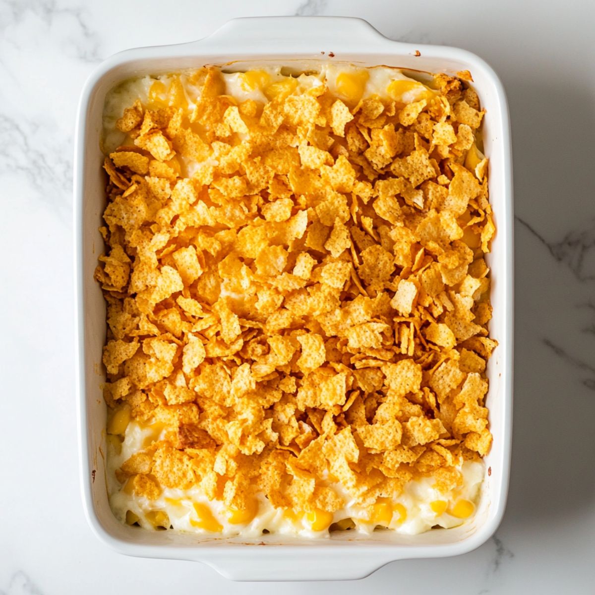 Unbaked hashbrown casserole in a white baking dish, topped with a layer of crushed golden cornflakes, sitting on a marble countertop.