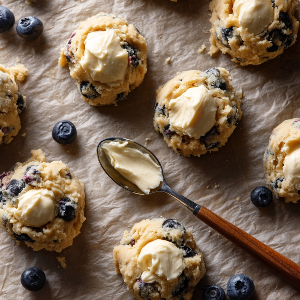 Scoops of blueberry cookie dough topped with dollops of cream cheese filling on a parchment-lined baking sheet, with a spoon nearby and a few scattered blueberries.