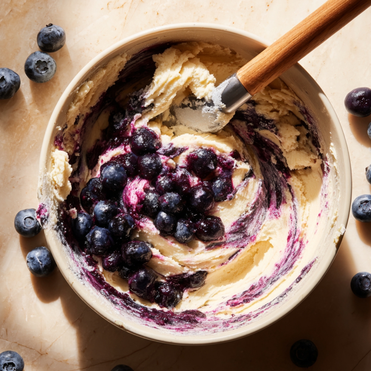 Blueberries being gently folded into creamy cookie dough in a mixing bowl, with purple streaks forming and a spatula resting inside. Fresh blueberries are scattered on the countertop.