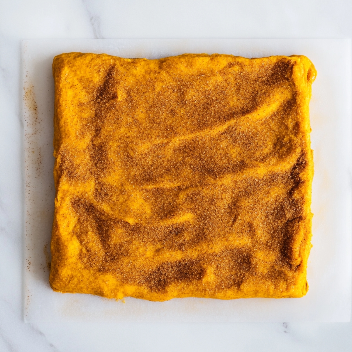 Pumpkin cinnamon roll dough pressed into a square and sprinkled generously with a cinnamon-sugar mixture, ready to be rolled up on a clean white surface.