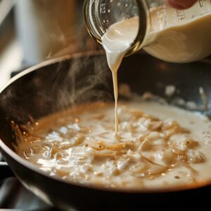 A stream of heavy cream being poured from a glass measuring jar into a hot skillet of sautéed shallots, with visible steam rising and the sauce beginning to simmer in a home kitchen.