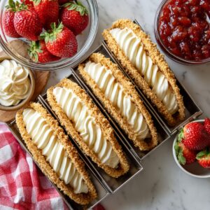 Homemade strawberry crunch cheesecake tacos with piped cream cheese filling in golden graham-coated shells, surrounded by bowls of fresh strawberries, whipped cream, and strawberry topping on a marble surface.