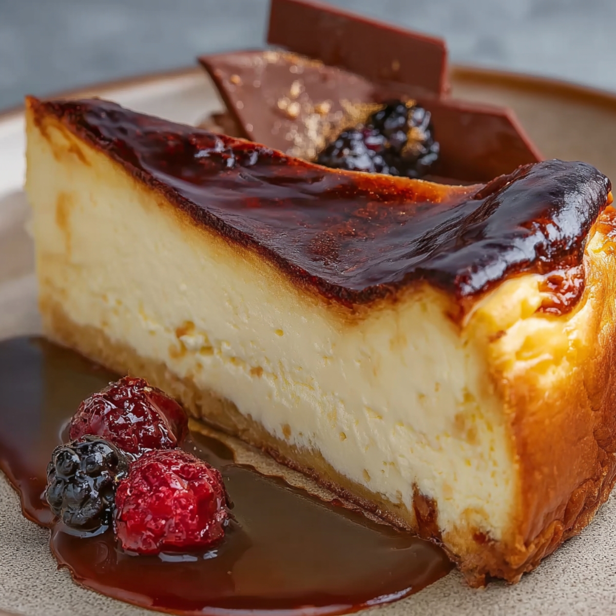 Slice of homemade Basque Burnt Cheesecake with a glossy dark top, creamy center, caramel sauce, berries, and chocolate garnish.
