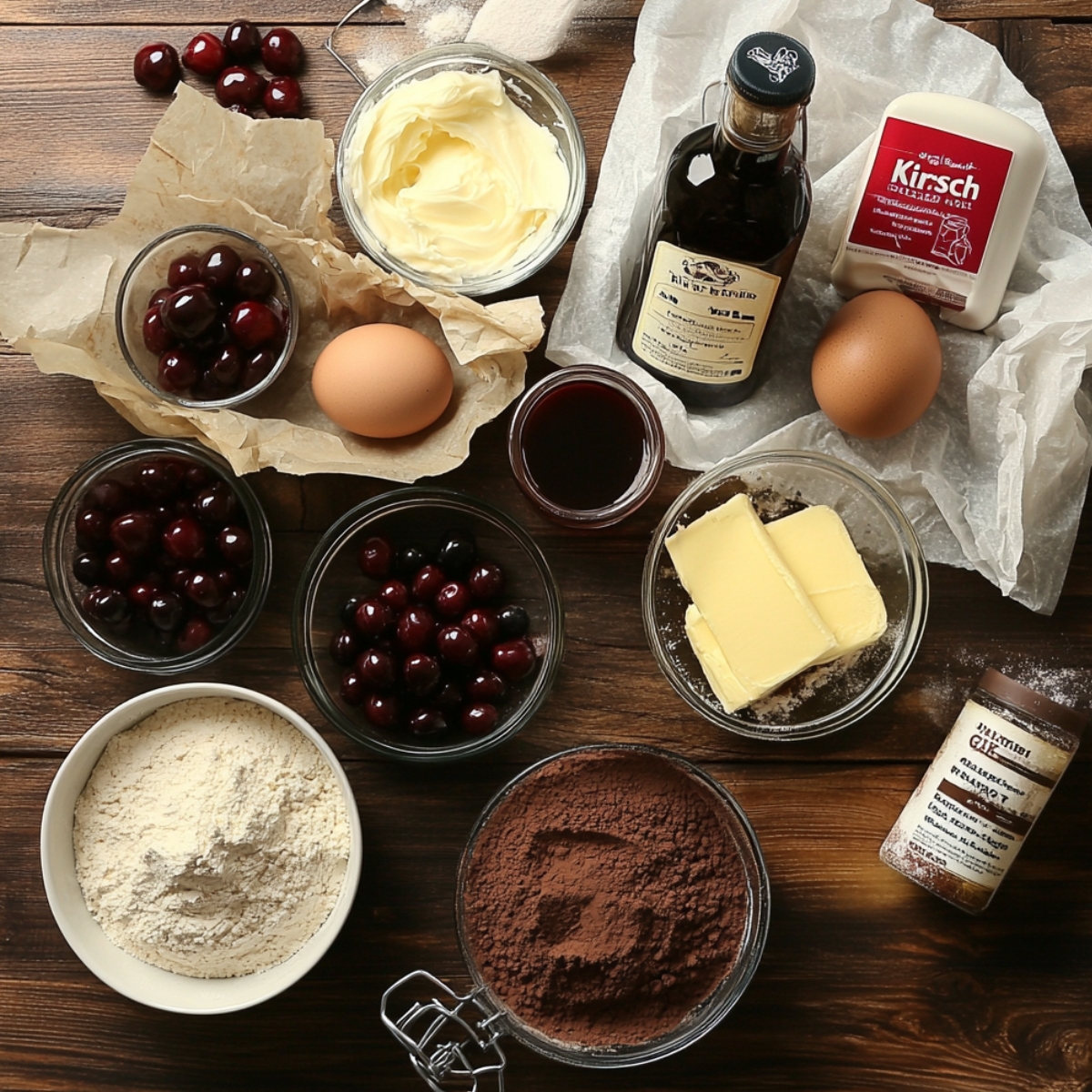 Top-down view of Black Forest cake ingredients on a wooden surface, including flour, cocoa, butter, eggs, whipped cream, cherries, vanilla, and kirsch, arranged for a homemade baking scene.