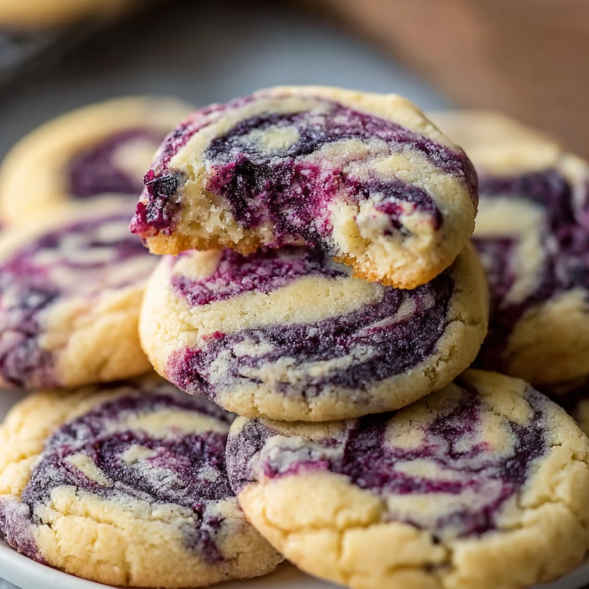 Stack of homemade blueberry cheesecake swirl cookies with golden edges and deep purple swirls, one cookie on top has a bite taken out to reveal its soft, tender interior.