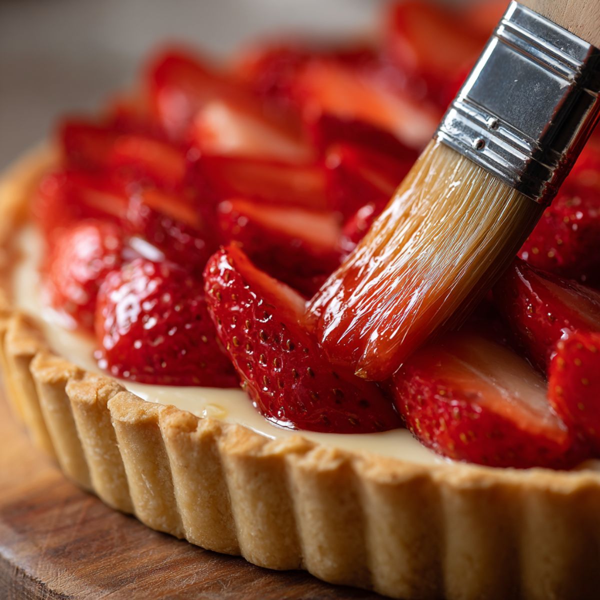 Close-up of a homemade strawberry tart being glazed with a pastry brush. Juicy sliced strawberries sit atop creamy filling in a golden tart crust.