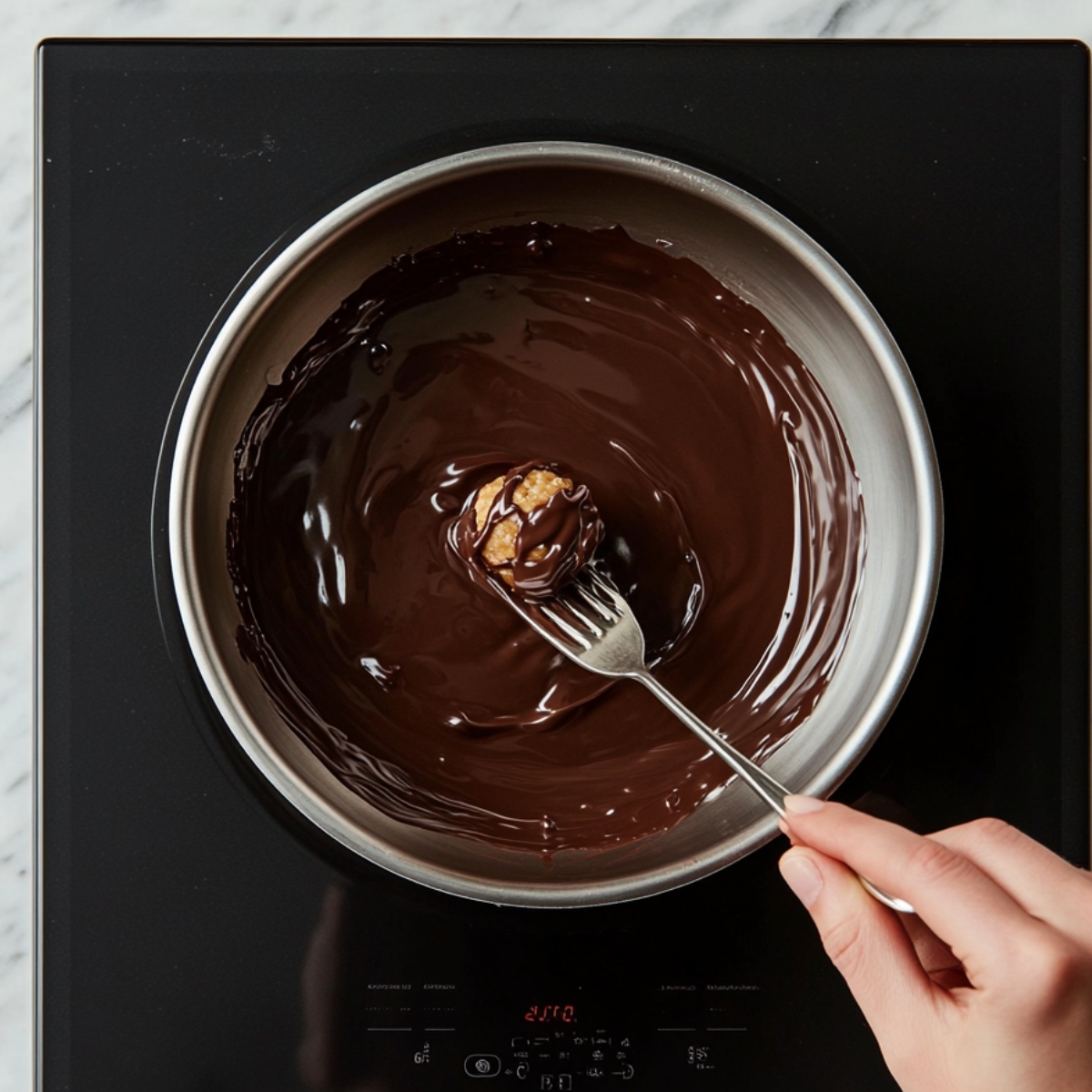 A peanut butter ball being dipped in melted chocolate with a fork over a saucepan on a stovetop, showing the glossy coating process during homemade dessert prep.
