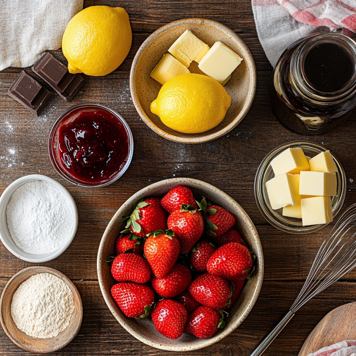 Fresh ingredients for chocolate strawberry cake on a wooden surface, including strawberries, lemons, jam, butter, chocolate, powdered sugar, and a whisk.