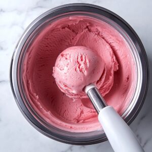 Freshly churned watermelon sorbet in a stainless steel bowl, with a scoop lifted using an ice cream scooper.